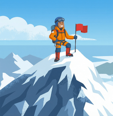 Mountaineer standing on a snowy peak holding a red flag.
