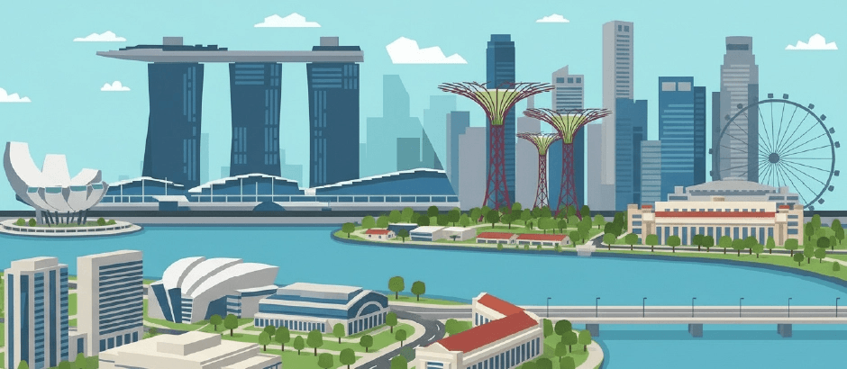 Modern city skyline with iconic buildings, waterfront, and a large observation wheel.