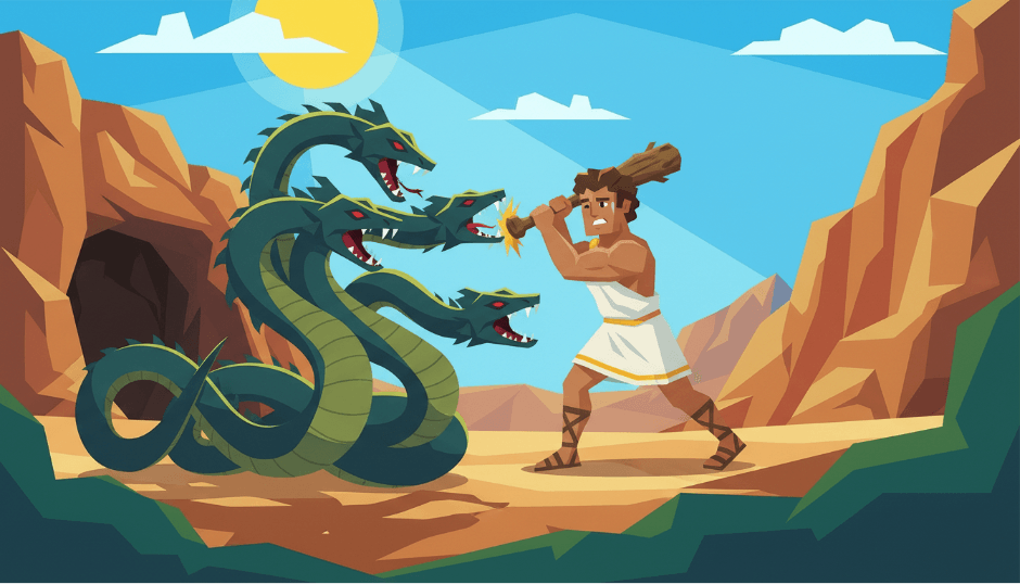 A Greek hero in a white tunic grips a flaming torch as he battles a large four-headed green Hydra in a rocky desert canyon. The sun shines in a bright blue sky above the sandy ground, with a dark cave entrance to the left.