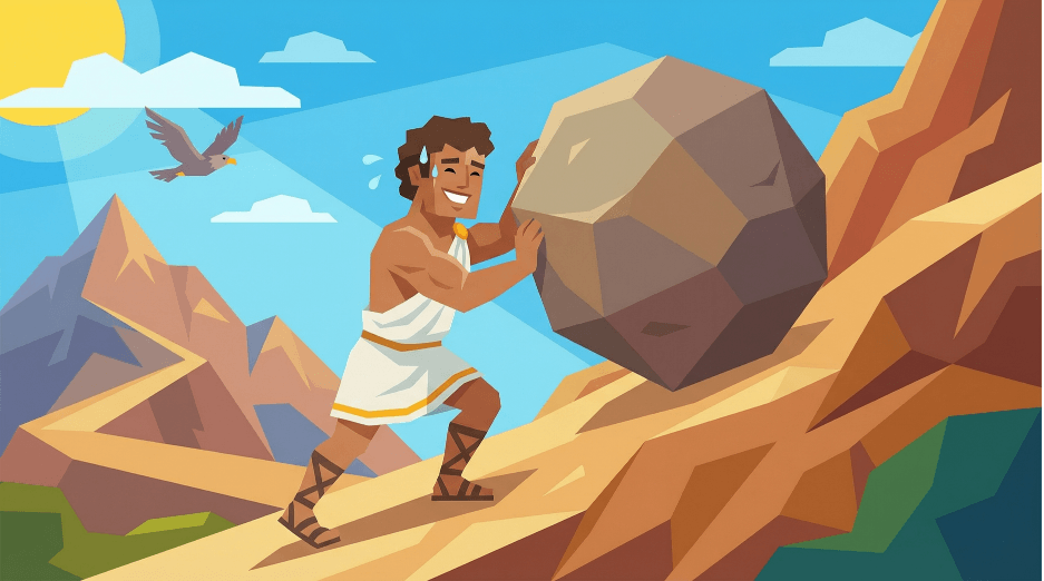 A smiling muscular man in a white Greek tunic pushes an enormous boulder up a steep, rocky mountain slope under a bright sun. Sweat flies from his brow as a bird soars across the blue sky and mountain peaks rise in the background.