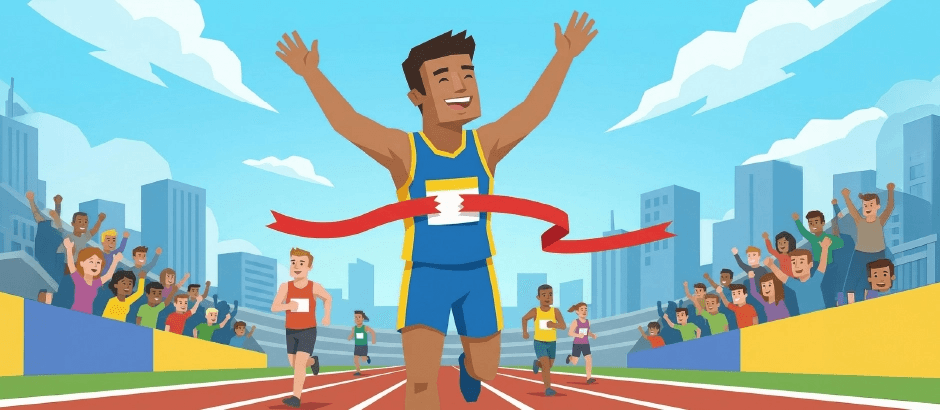 Runner crossing the finish line first with arms raised as a crowd cheers.