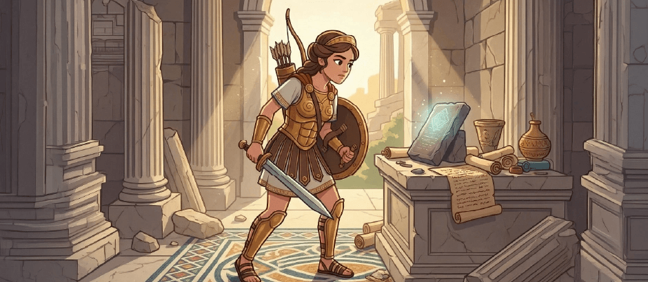 A woman in Greek-style golden armor and a red cape explores ancient ruins. She holds a sword and shield, looking toward a glowing stone tablet on a pedestal surrounded by scrolls and pottery.