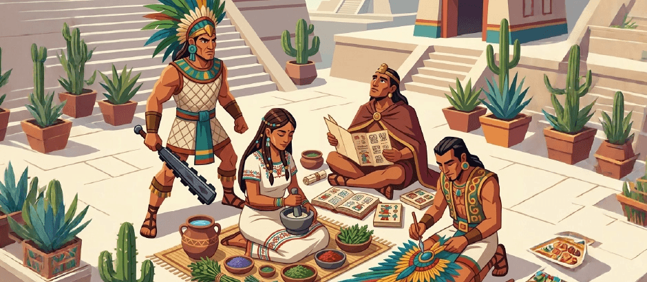 A scene of four people in Aztec-style clothing in a stone courtyard with cacti. A warrior stands guard with a club, a woman grinds ingredients with a mortar and pestle, a man reads a codex, and another paints a feathered headdress.