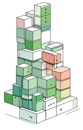Stack of colorful geometric blocks arranged in an abstract tower.