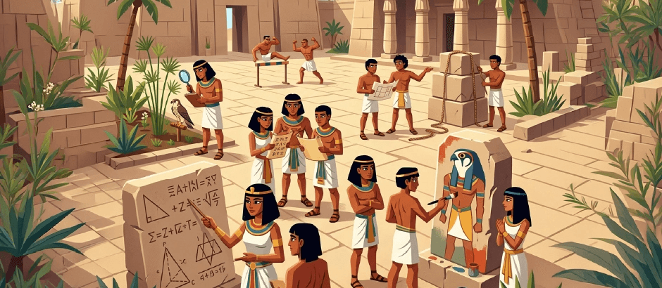 A bustling courtyard in Ancient Egypt where people engage in various activities: a woman teaches math on a stone tablet, an artist paints a statue of Horus, workers move stone blocks, and athletes train in the background.