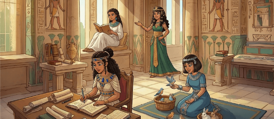 An illustration of four women in Ancient Egyptian attire inside a palace. One writes in a book, another reads on a window sill, a third gestures toward the room, and a fourth kneels while tending to small birds and rabbits.