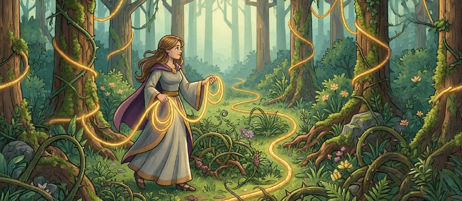 A woman in a grey and purple medieval dress walks through an enchanted forest. She holds a glowing golden rope that trails behind her along a path, with similar golden vines wrapped around the mossy trees.