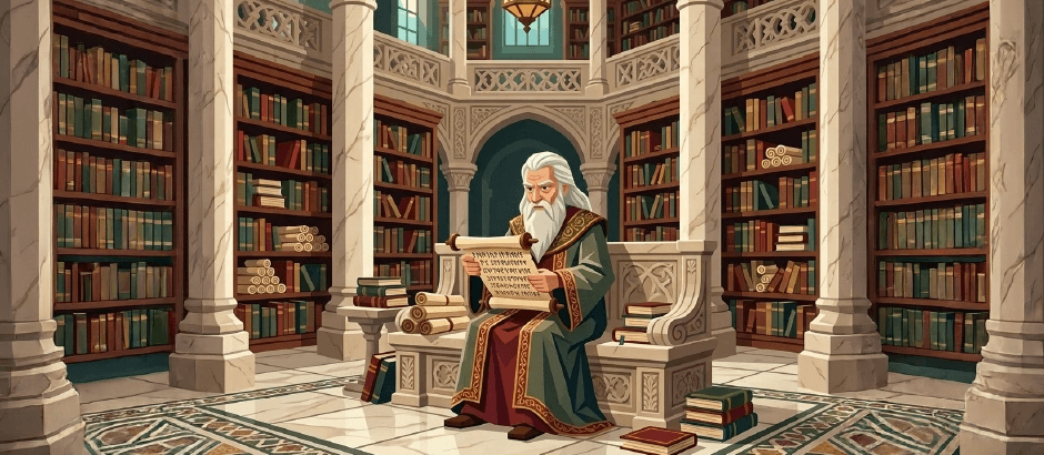 A wise, elderly man with a long white beard and green robes sitting in a grand, multi-level circular library, reading an unfurled parchment scroll.