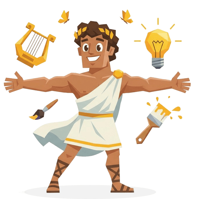 Cartoon of a man dressed as a Greek opening-wide his arms, surrounded by a light bulb, two paintbrushes and a lyre.