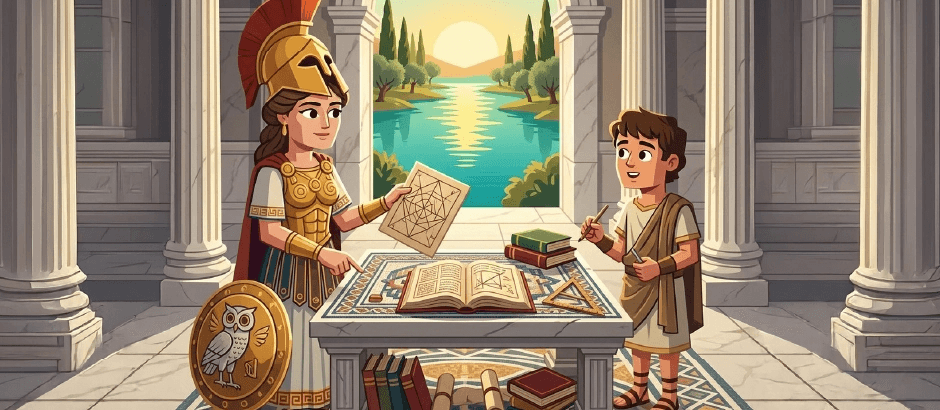 Ancient scholar and student studying books and diagrams inside a classical building.