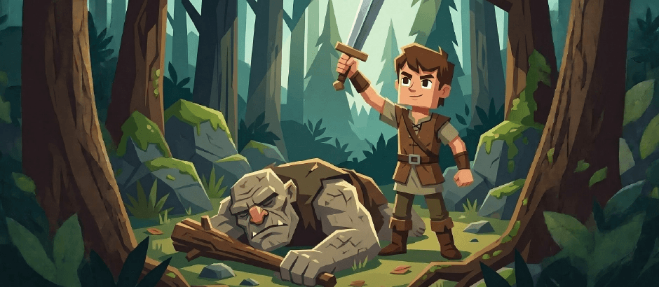 Young adventurer standing over a defeated creature in a forest, holding a sword.
