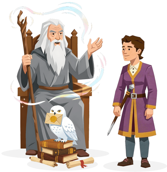Cartoon of two magicians, one wearing a wooden staff and sitting in a wooden chair, while explaining something to his apprentice, who is also wearing a staff. On the floor, there is an owl grabbing a sail with its bill, on top of some piled books.