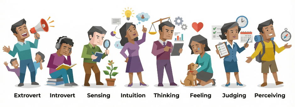A horizontal graphic showing eight different cartoon characters illustrating MBTI personality traits: Extrovert, Introvert, Sensing, Intuition, Thinking, Feeling, Judging, and Perceiving.