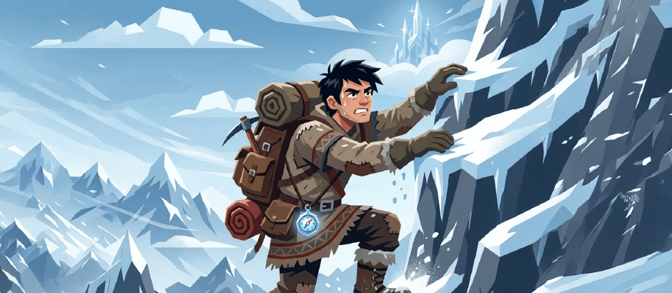 A determined adventurer with a heavy backpack and ice axe climbs a snowy, jagged mountain. He wears thick furs and has a glowing blue compass hanging from his belt, with a crystalline ice castle visible in the distant peaks.