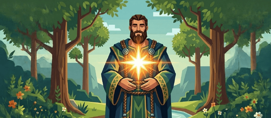 A bearded man in ornate blue and green robes stands in a lush forest with his eyes closed. A brilliant white star glows intensely between his hands at the center of his chest, illuminating the surrounding trees.
