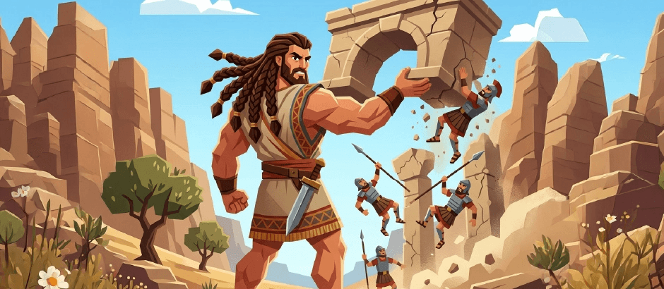 A powerful man with long braided hair and ancient attire lifts a heavy stone archway with one hand in a desert canyon. Small soldiers in Roman-style armor are falling or jumping away in the background.