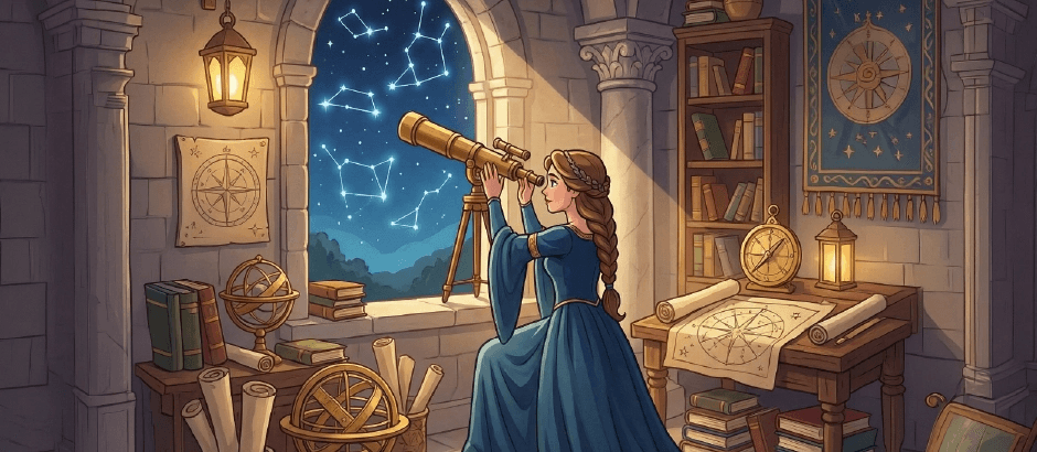 An illustration of a woman in a blue medieval gown looking through a brass telescope at a starry night sky filled with constellations. She is in a room with stone walls, bookshelves, and various astronomical tools.