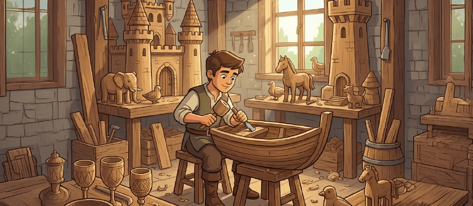 A young man in a workshop carefully carves a wooden boat with a mallet and chisel. The room is filled with his creations, including wooden castles, horses, birds, and an elephant on various workbenches.
