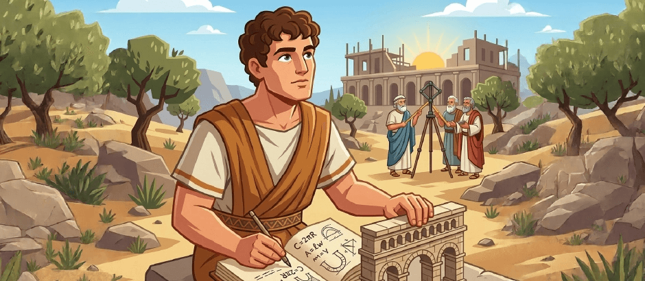 A young man in a tunic writes in a book filled with geometric formulas in a Mediterranean landscape. In the background, three scholars use a surveying tool in front of a partially constructed classical building.