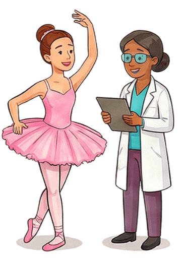Ballerina in a pink tutu posing while a doctor with a clipboard observes her.