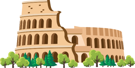 Stylized illustration of the Roman Colosseum surrounded by trees.