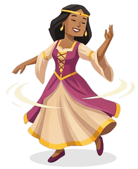 A cartoon illustration of a woman in a medieval-style purple and cream dress dancing joyfully. She wears a golden circlet and earrings, with motion lines indicating a spinning movement.