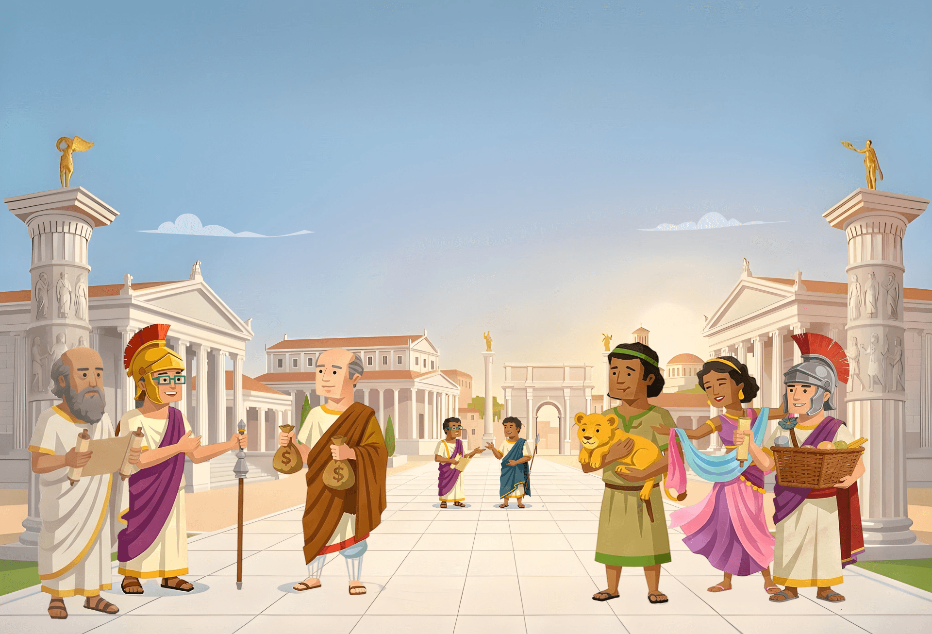 People in ancient Roman-style clothing walking through a classical city with columns, statues, and temples.