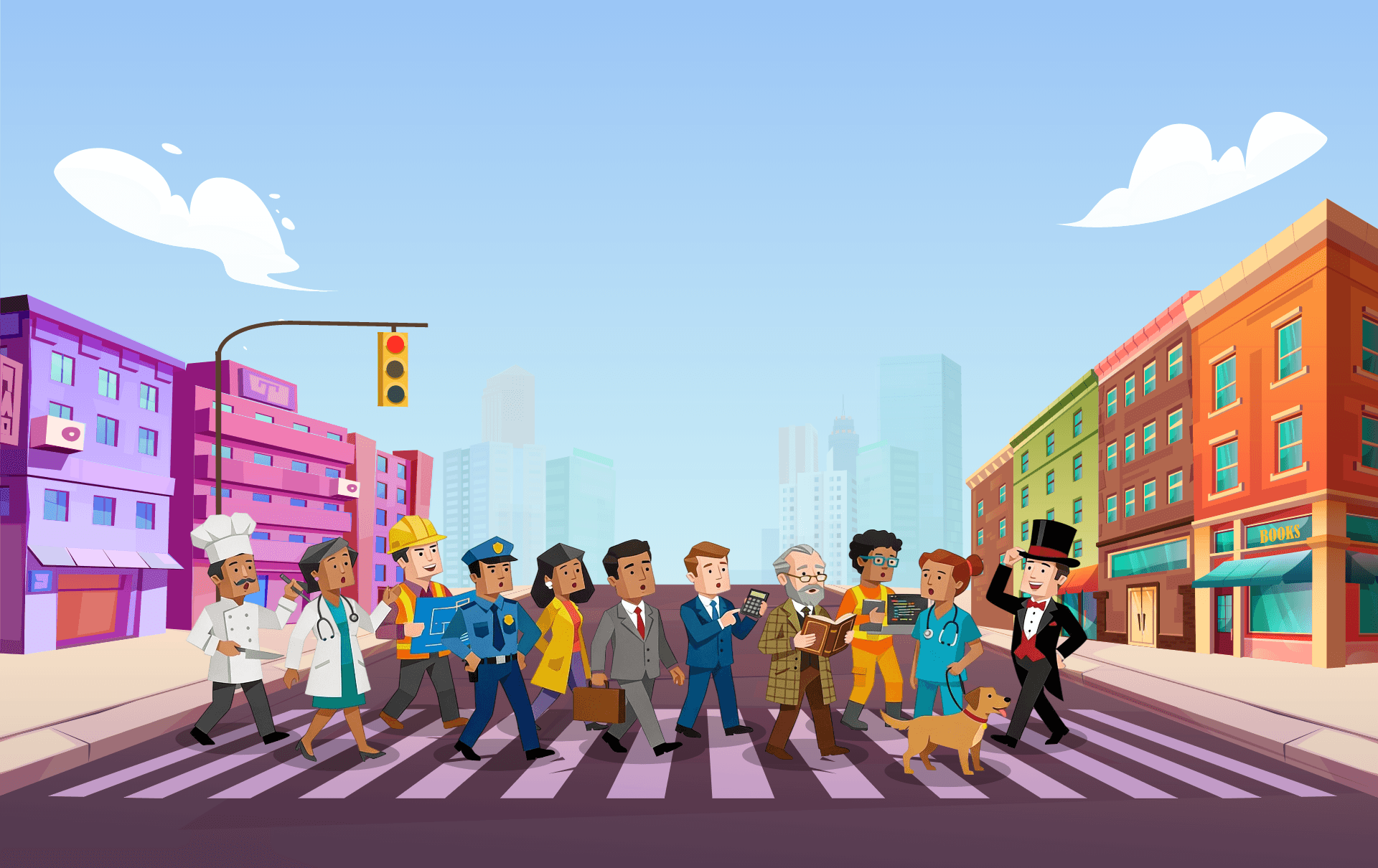 Group of professionals crossing a city street together, including a chef, doctor, police officer, engineer, businesspeople, and a person walking a dog.