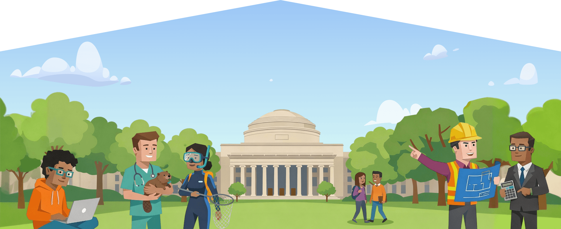 Illustrated university campus scene with a domed neoclassical building in the background and diverse students and professionals in the foreground, including a student with a laptop, a veterinarian holding a dog, a marine researcher with a net, an engineer with blueprints, and a businessman with a calculator.