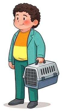 Child holding a pet carrier, standing and smiling.