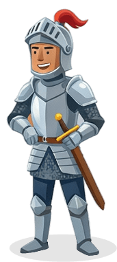 A cartoon illustration of a smiling knight in full silver armor with a red plume on his helmet, resting his hand on the hilt of a sword at his waist.