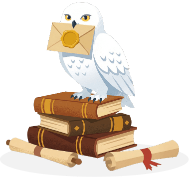 Owl sitting on a stack of books with a scroll.