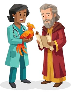 A cartoon illustration of a female doctor in a lab coat holding a bright orange phoenix bird, standing next to an elderly man in robes who is reading a scroll.