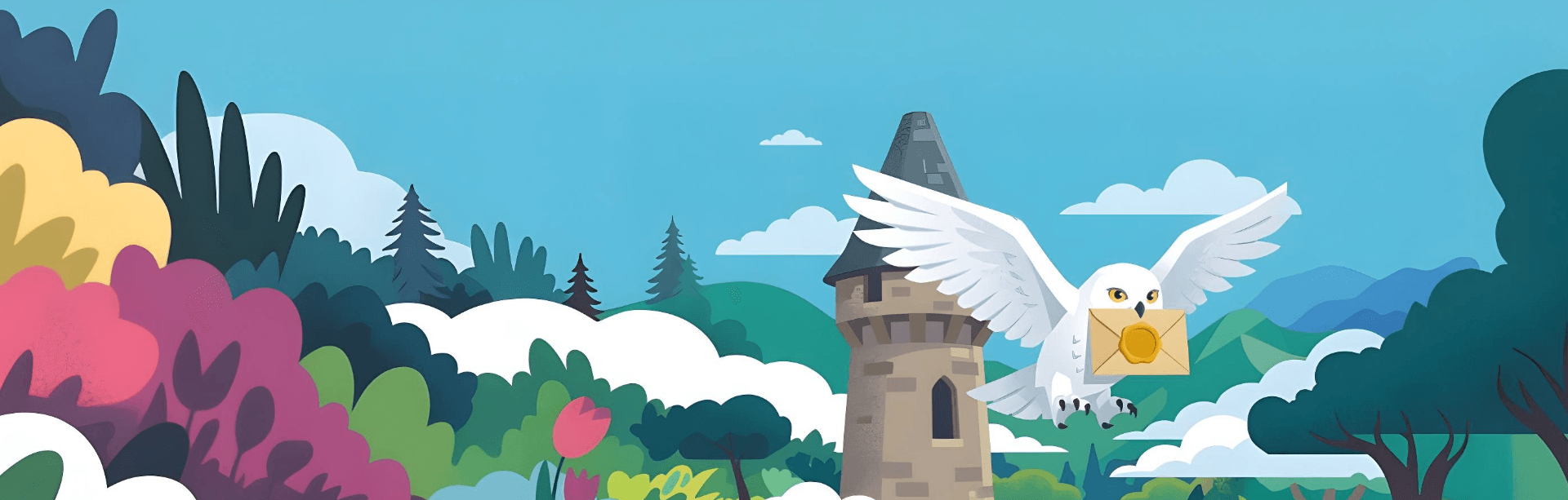 White owl flying with a sealed letter over a forest landscape with trees, clouds, and a stone tower.
