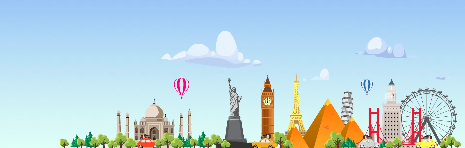 Colorful illustration of famous world landmarks including the Taj Mahal, Statue of Liberty, Big Ben, Eiffel Tower, pyramids, Leaning Tower of Pisa, and London Eye.