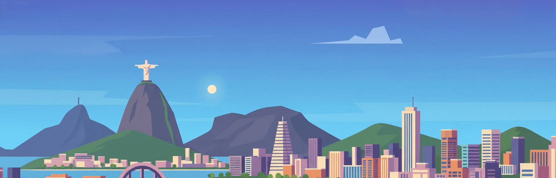 Stylized skyline of Rio de Janeiro with the Christ the Redeemer statue on a mountain overlooking the city and ocean.