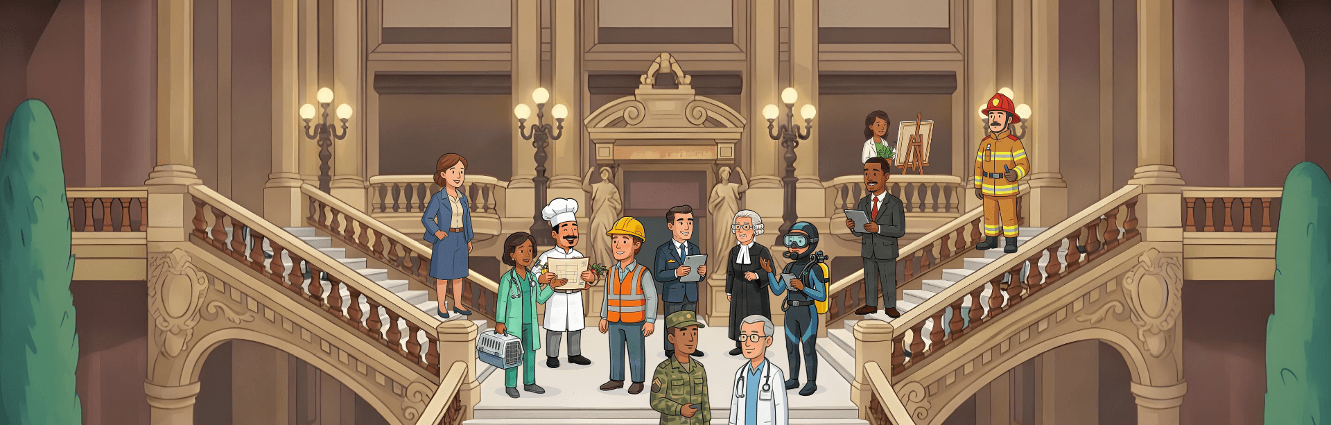 Group of professionals from different careers gathered on a grand staircase inside a classical building.