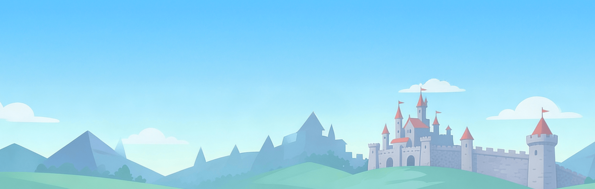 A wide landscape illustration featuring a medieval castle with red-roofed towers on a green hill, set against a background of blue mountains and a clear sky.