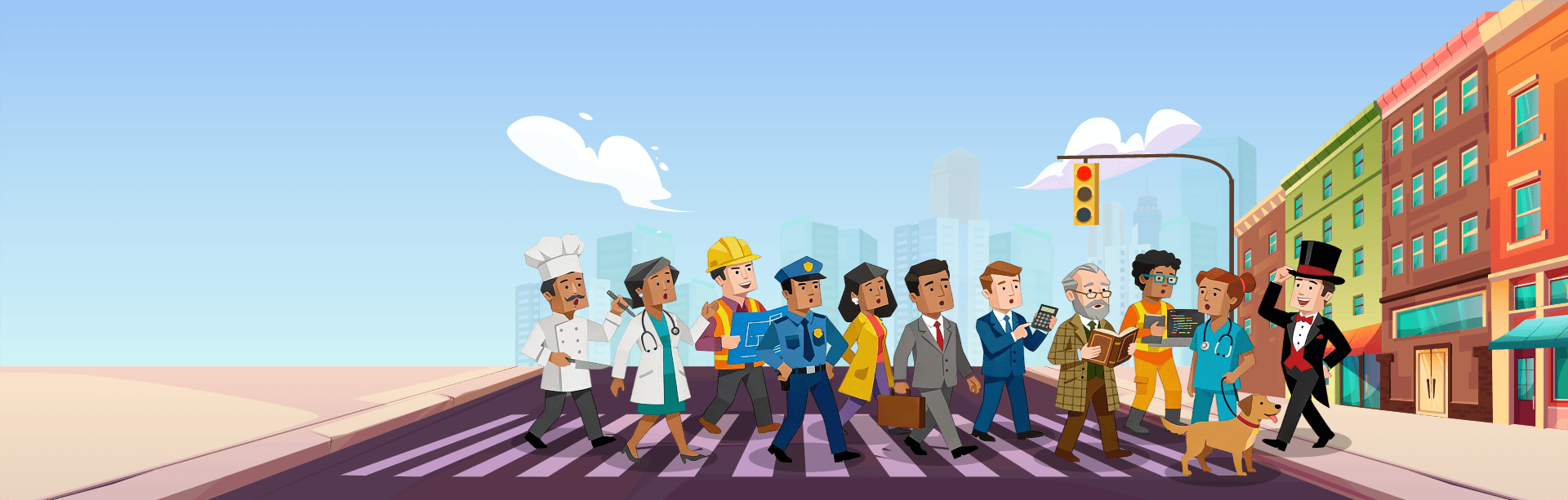 A diverse group of ten people from different professions is crossing the street on a crosswalk in a city. The professions include a chef, doctor, construction worker, policeman, businesswoman, businessman, elderly scholar, a woman wearing headphones, a female veterinarian with a dog on a leash, and a magician. The background shows a clear sky and various buildings.