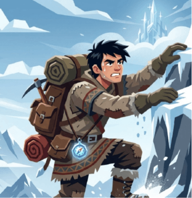 A determined young adventurer with a large backpack, an ice axe, and a glowing blue compass scales a steep, snowy mountain. He wears thick fur-trimmed clothing and reaches upward toward an icy ledge, with a crystalline ice castle visible on the distant peaks.